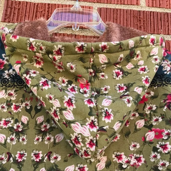womens 2xl floral hoodie jacket zip up green burgundy blue fleece lined - Picture 3 of 11